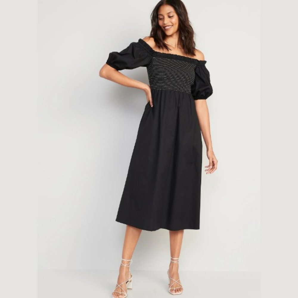 Old Navy Women's Fit & Flare Puff-Sleeve Smocked Cotton-Poplin Midi Dress - M